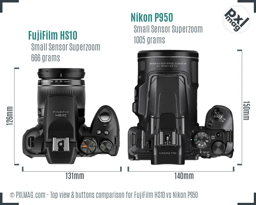 FujiFilm HS10 vs Nikon P950 top view buttons comparison