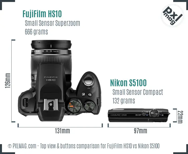 FujiFilm HS10 vs Nikon S5100 top view buttons comparison