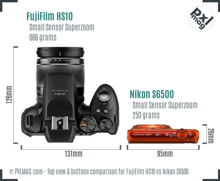 FujiFilm HS10 vs Nikon S6500 top view buttons comparison