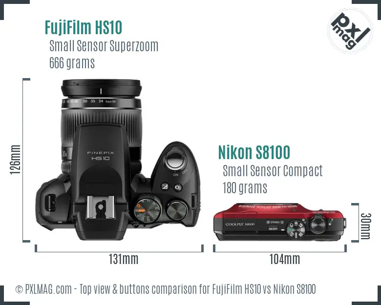 FujiFilm HS10 vs Nikon S8100 top view buttons comparison