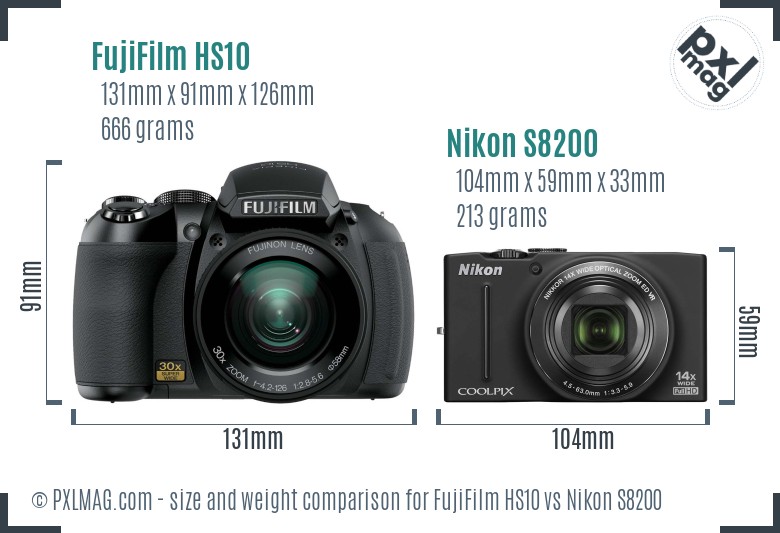 FujiFilm HS10 vs Nikon S8200 size comparison