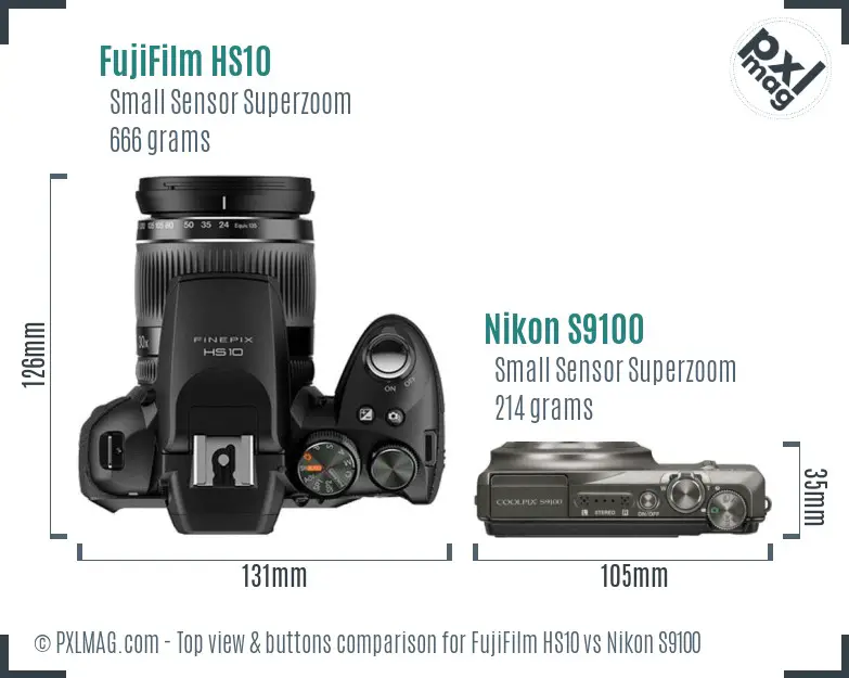 FujiFilm HS10 vs Nikon S9100 top view buttons comparison FujiFilm HS10 vs Nikon S9100 top view buttons comparison
