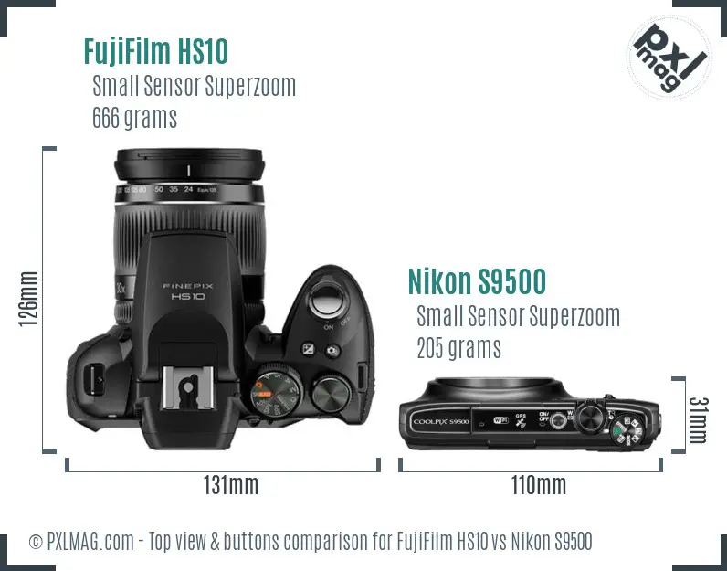 FujiFilm HS10 vs Nikon S9500 top view buttons comparison