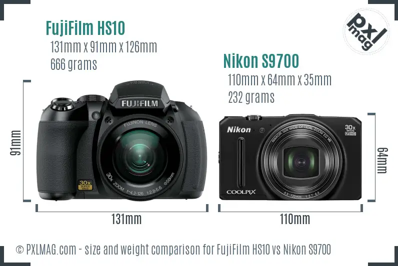 FujiFilm HS10 vs Nikon S9700 size comparison