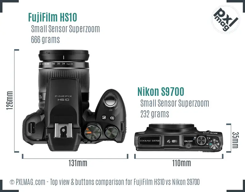 FujiFilm HS10 vs Nikon S9700 top view buttons comparison