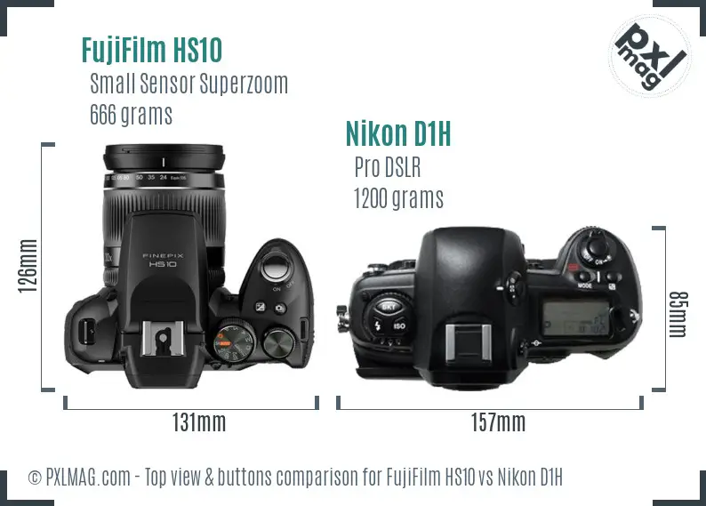 FujiFilm HS10 vs Nikon D1H top view buttons comparison