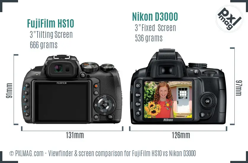 FujiFilm HS10 vs Nikon D3000 Screen and Viewfinder comparison