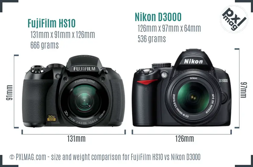 FujiFilm HS10 vs Nikon D3000 size comparison