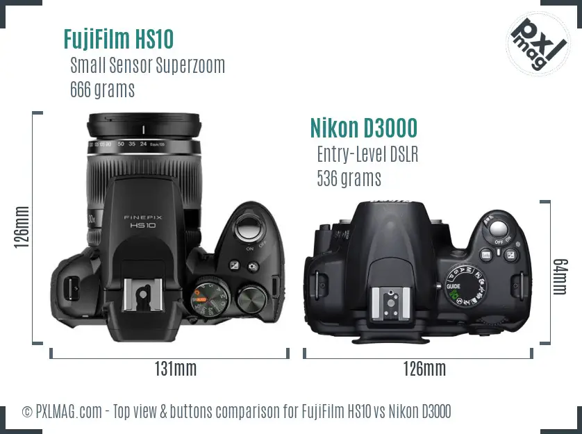FujiFilm HS10 vs Nikon D3000 top view buttons comparison