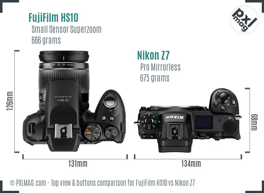 FujiFilm HS10 vs Nikon Z7 top view buttons comparison