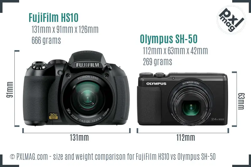 FujiFilm HS10 vs Olympus SH-50 size comparison FujiFilm HS10 vs Olympus SH-50 size comparison