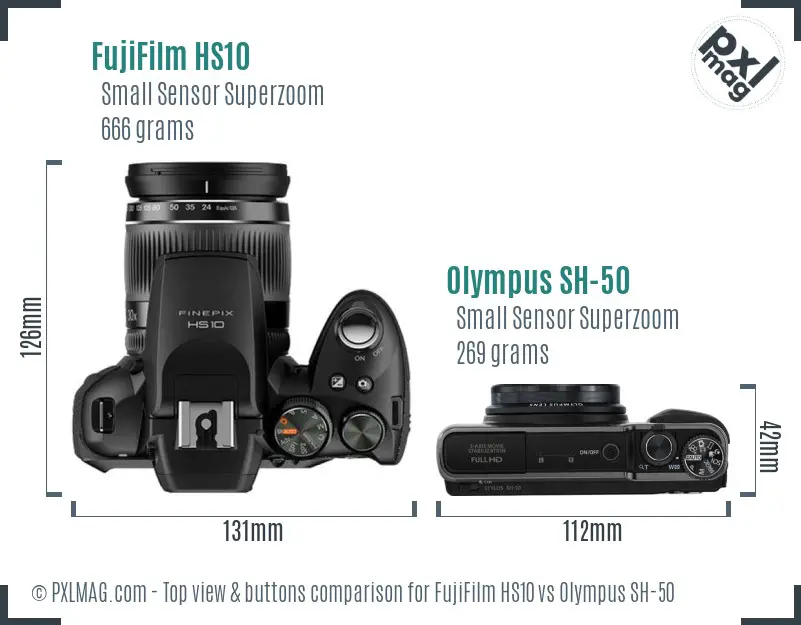 FujiFilm HS10 vs Olympus SH-50 top view buttons comparison