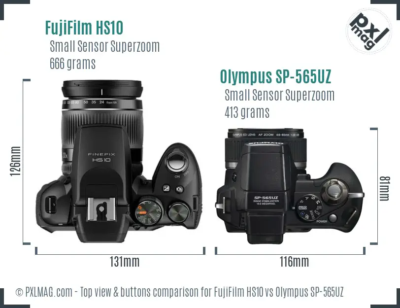 FujiFilm HS10 vs Olympus SP-565UZ top view buttons comparison