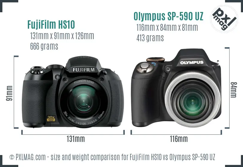 FujiFilm HS10 vs Olympus SP-590 UZ size comparison