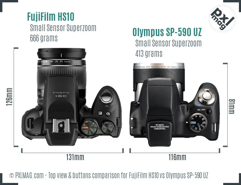 FujiFilm HS10 vs Olympus SP-590 UZ top view buttons comparison