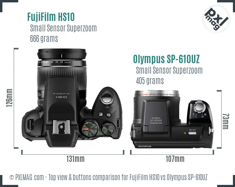 FujiFilm HS10 vs Olympus SP-610UZ top view buttons comparison
