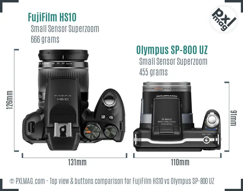 FujiFilm HS10 vs Olympus SP-800 UZ top view buttons comparison