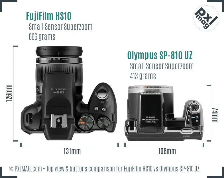 FujiFilm HS10 vs Olympus SP-810 UZ top view buttons comparison FujiFilm HS10 vs Olympus SP-810 UZ top view buttons comparison