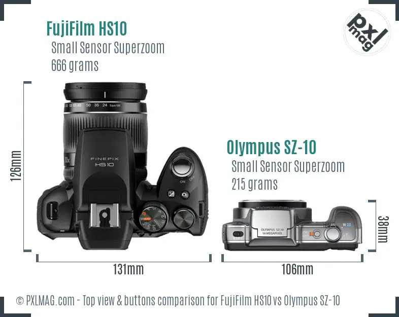 FujiFilm HS10 vs Olympus SZ-10 top view buttons comparison FujiFilm HS10 vs Olympus SZ-10 top view buttons comparison