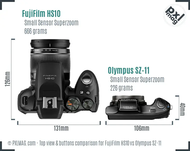 FujiFilm HS10 vs Olympus SZ-11 top view buttons comparison
