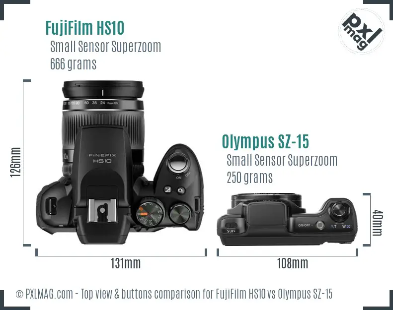 FujiFilm HS10 vs Olympus SZ-15 top view buttons comparison