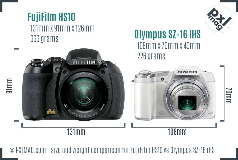 FujiFilm HS10 vs Olympus SZ-16 iHS size comparison