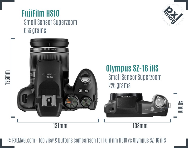 FujiFilm HS10 vs Olympus SZ-16 iHS top view buttons comparison