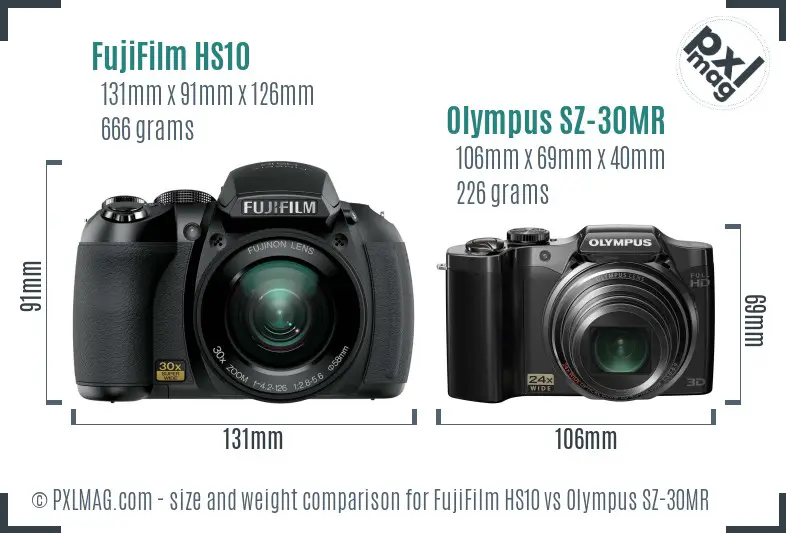 FujiFilm HS10 vs Olympus SZ-30MR size comparison FujiFilm HS10 vs Olympus SZ-30MR size comparison