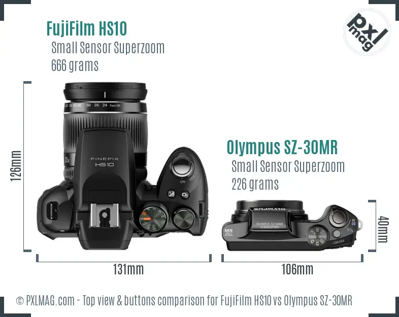 FujiFilm HS10 vs Olympus SZ-30MR top view buttons comparison FujiFilm HS10 vs Olympus SZ-30MR top view buttons comparison