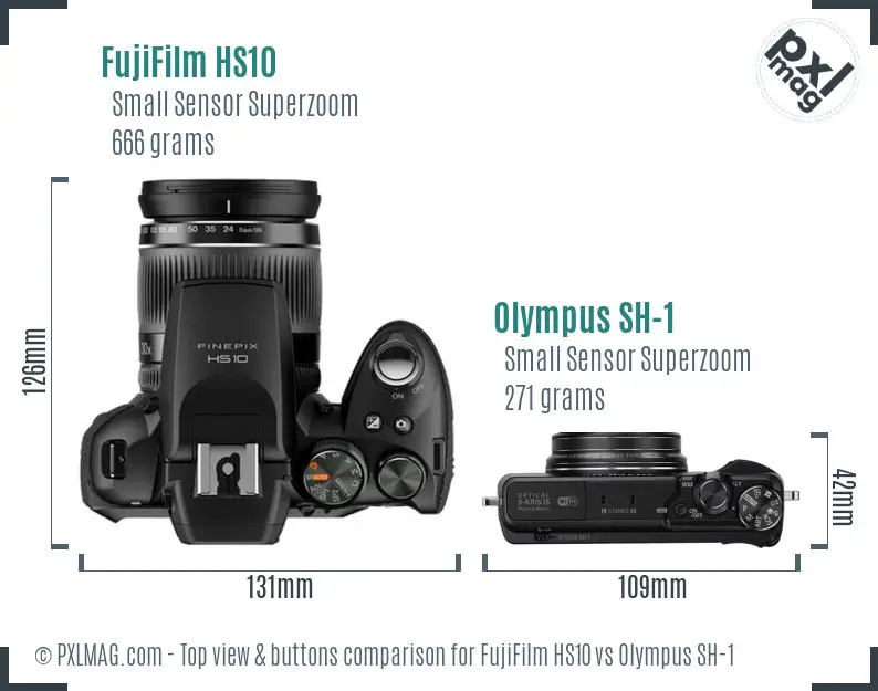 FujiFilm HS10 vs Olympus SH-1 top view buttons comparison