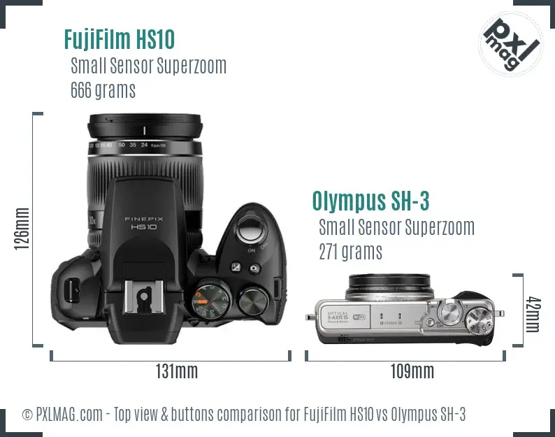 FujiFilm HS10 vs Olympus SH-3 top view buttons comparison