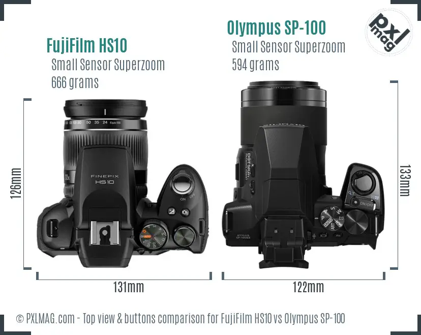 FujiFilm HS10 vs Olympus SP-100 top view buttons comparison