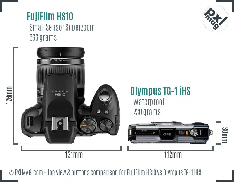 FujiFilm HS10 vs Olympus TG-1 iHS top view buttons comparison