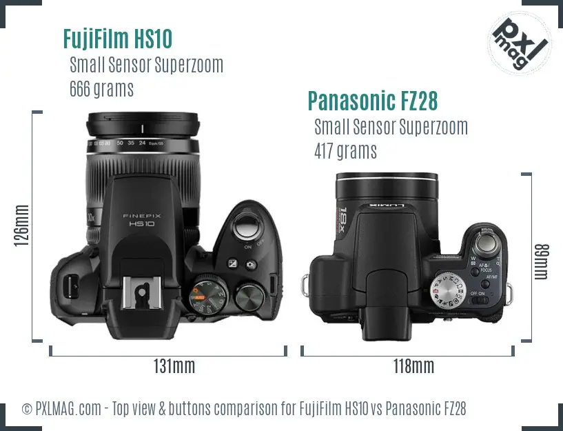 FujiFilm HS10 vs Panasonic FZ28 top view buttons comparison