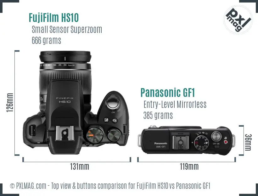 FujiFilm HS10 vs Panasonic GF1 top view buttons comparison