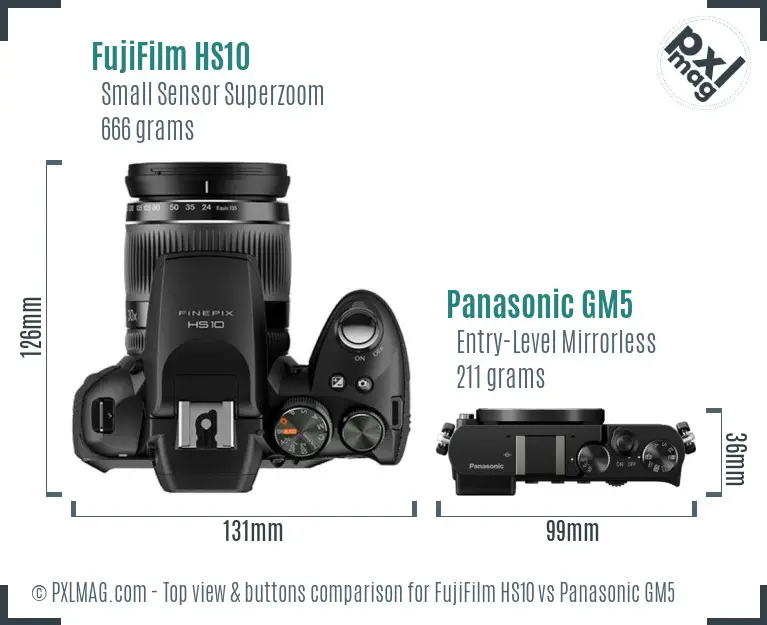 FujiFilm HS10 vs Panasonic GM5 top view buttons comparison