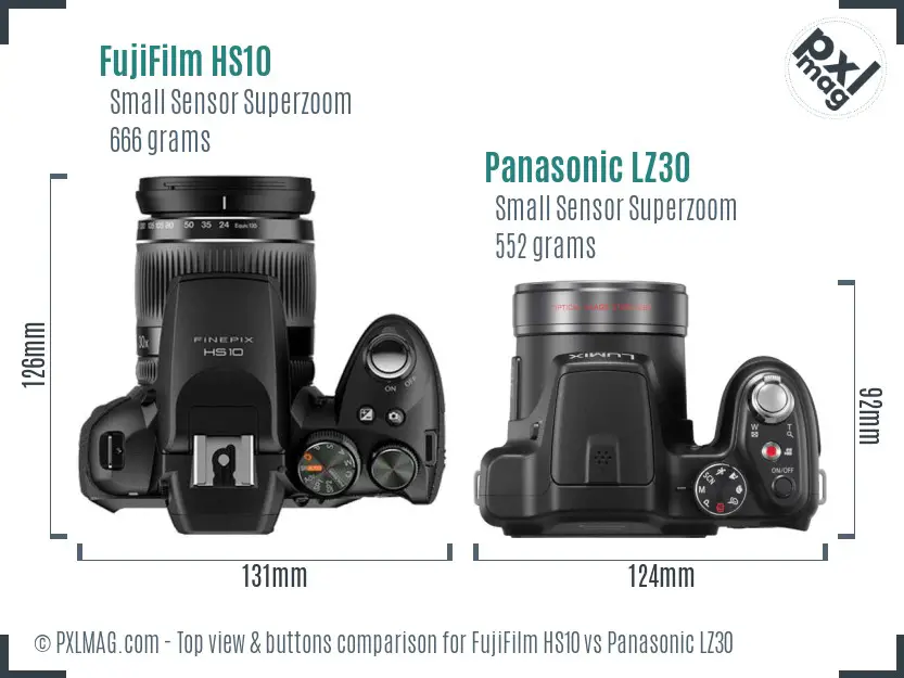 FujiFilm HS10 vs Panasonic LZ30 top view buttons comparison