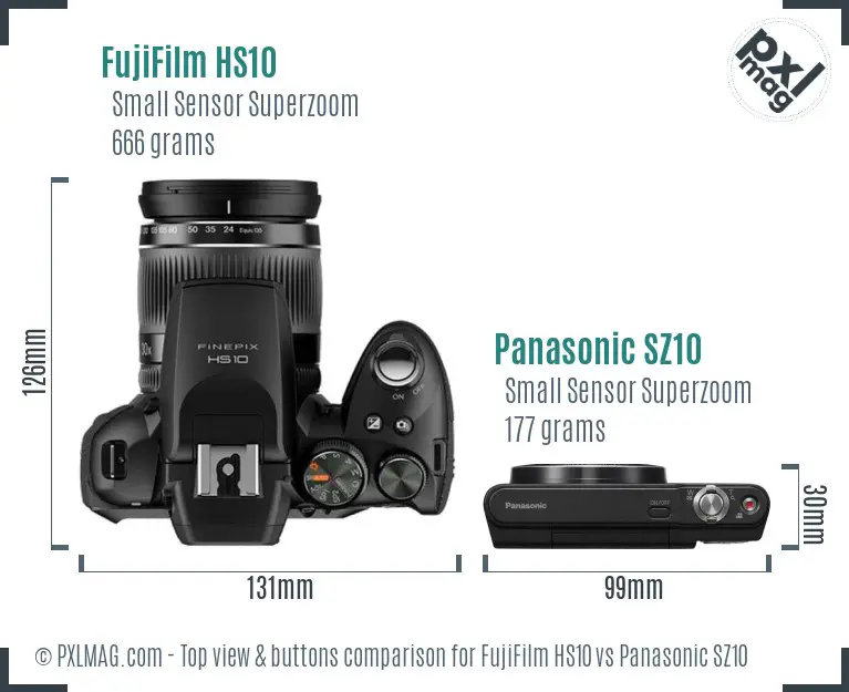 FujiFilm HS10 vs Panasonic SZ10 top view buttons comparison FujiFilm HS10 vs Panasonic SZ10 top view buttons comparison