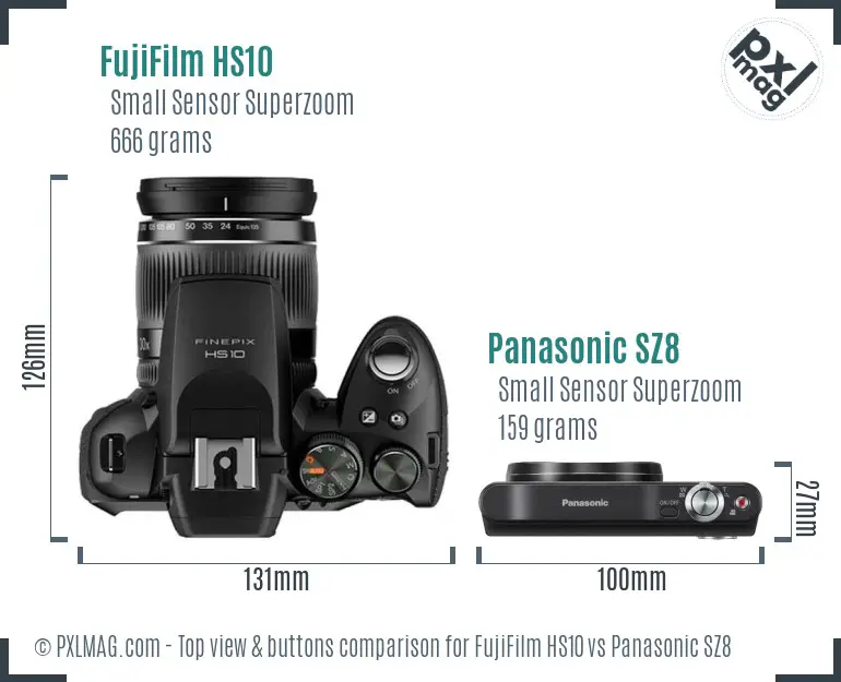 FujiFilm HS10 vs Panasonic SZ8 top view buttons comparison