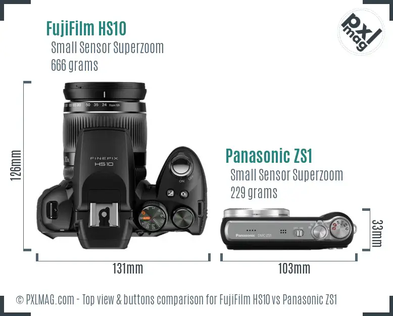 FujiFilm HS10 vs Panasonic ZS1 top view buttons comparison