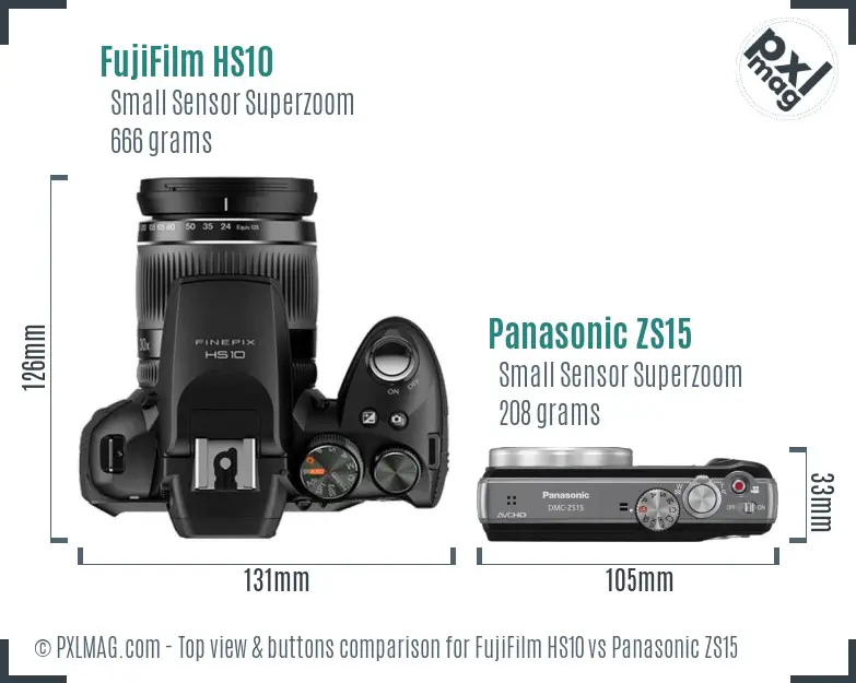 FujiFilm HS10 vs Panasonic ZS15 top view buttons comparison