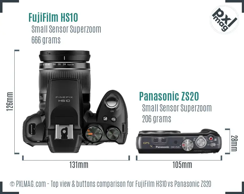 FujiFilm HS10 vs Panasonic ZS20 top view buttons comparison