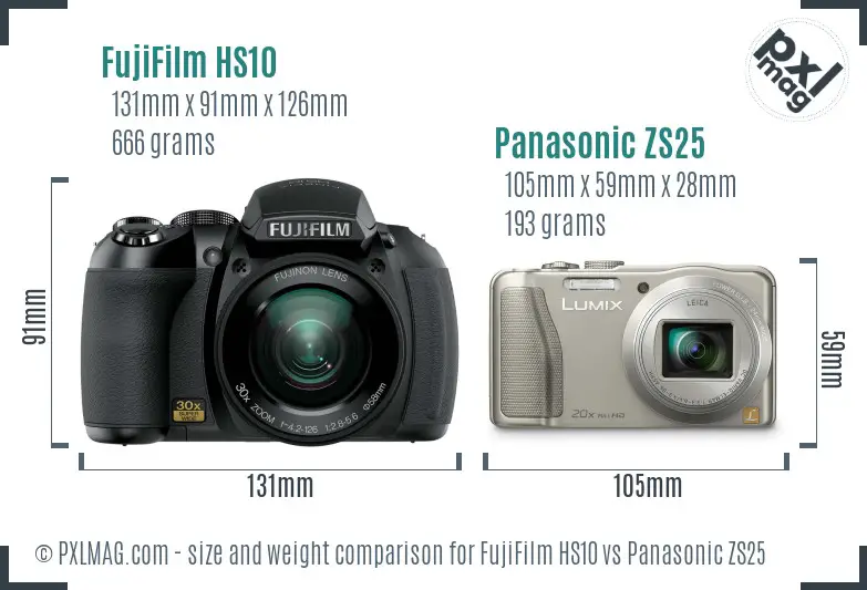 FujiFilm HS10 vs Panasonic ZS25 size comparison