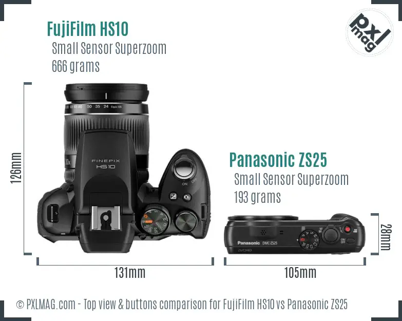FujiFilm HS10 vs Panasonic ZS25 top view buttons comparison