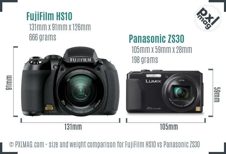 FujiFilm HS10 vs Panasonic ZS30 size comparison