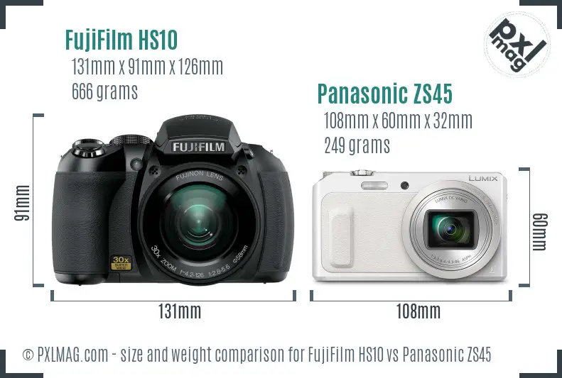FujiFilm HS10 vs Panasonic ZS45 size comparison
