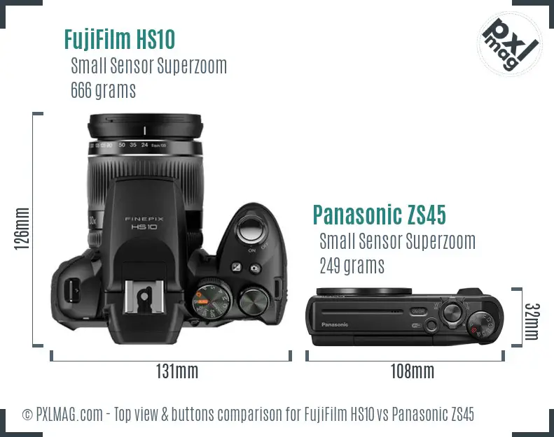 FujiFilm HS10 vs Panasonic ZS45 top view buttons comparison