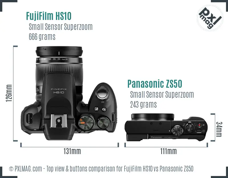 FujiFilm HS10 vs Panasonic ZS50 top view buttons comparison FujiFilm HS10 vs Panasonic ZS50 top view buttons comparison