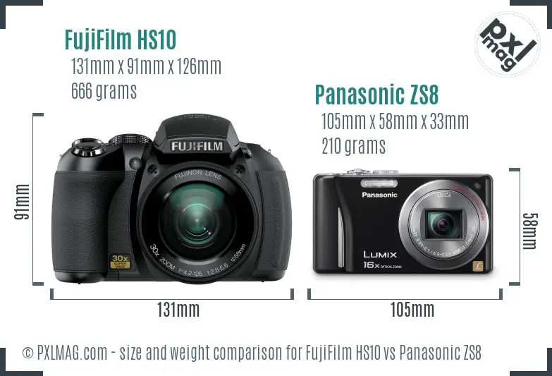 FujiFilm HS10 vs Panasonic ZS8 size comparison