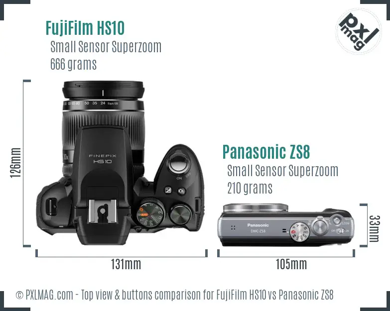 FujiFilm HS10 vs Panasonic ZS8 top view buttons comparison